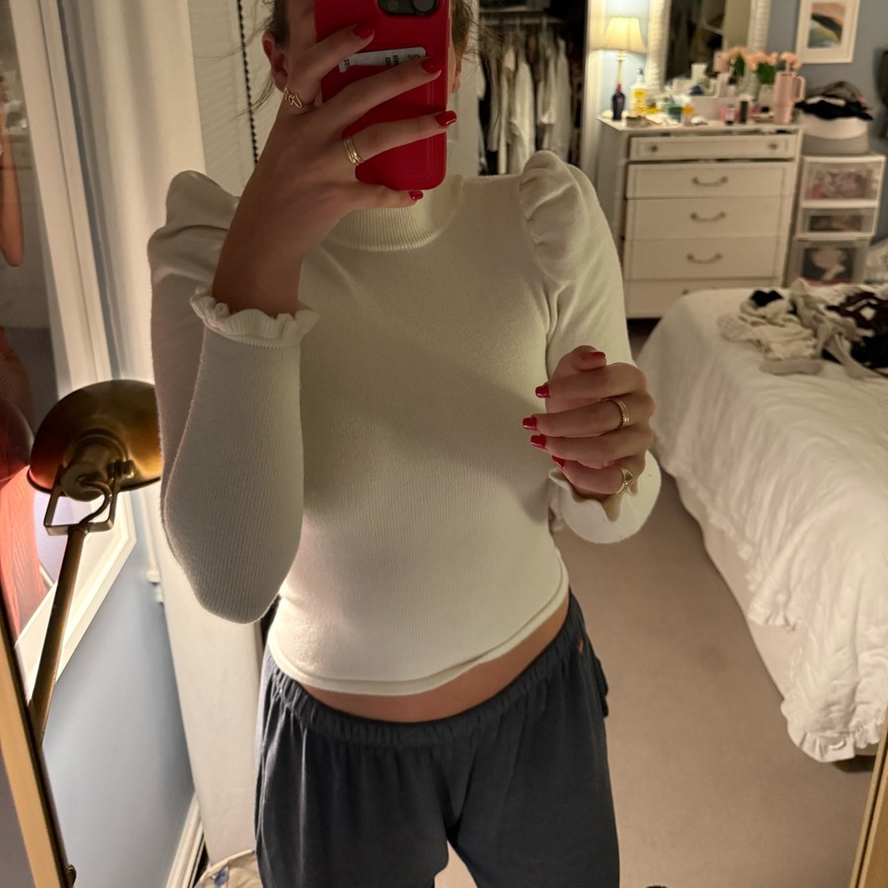 LPA Ivory Puff Sleeve Sweater Top with Open Back